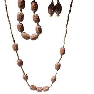 Handcrafted Boho Terracotta Necklace Bracelet Earrings Set Wooden Jewelry